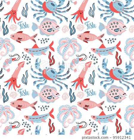 Sea food seamless patern with hand drawn doodle illusration in scandinavian style. Print isolated in white background. Many marine inhabitants - fishes, octopus, crab, squid and flounder Sea food seamless patern with hand drawn doodle illusration in scandinavian style. Print isolated in white background. Many marine inhabitants - fishes, octopus, crab, squid and flounder 95912341