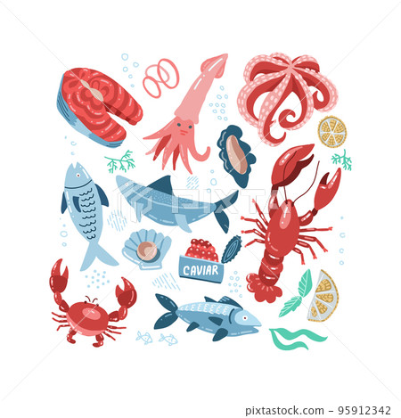 Sea Food Hand Drawn Doodle with Fish, Crab, lobster, caviar, salmon steak and Oyster. Vector illustration. Vector marine inhabitants collection in rough childish style 95912342