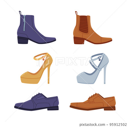 Shoes and Boots of Different Type as Casual Man and Woman Footwear Vector Set Shoes and Boots of Different Type as Casual Man and Woman Footwear Vector Set 95912502