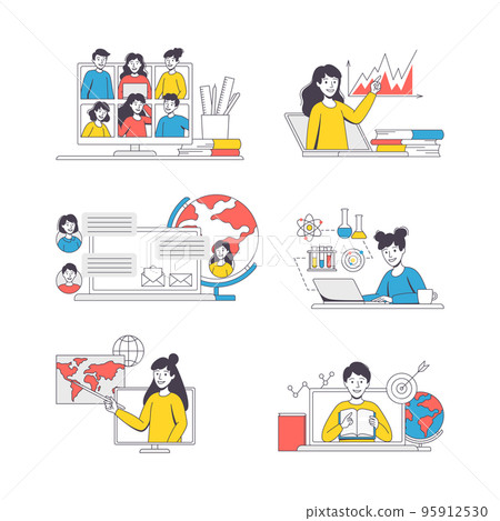 Online Learning with Student and Teacher Engaged in Virtual Classes Outline Vector Set 95912530