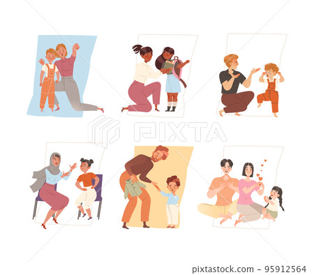 Mom and Dad Talking to Their Son and Daughter and Arguing with Kid as Bad and Good Relationship Between Parent and Little Child Vector Set 95912564