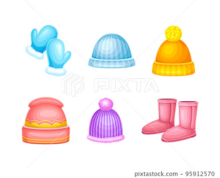 Winter Clothes with Mittens, Boots and Knitted Hat as Warm Outerwear and Protection Against Cold Weather Vector Set Winter Clothes with Mittens, Boots and Knitted Hat as Warm Outerwear and Protection Against Cold Weather Vector Set 95912570