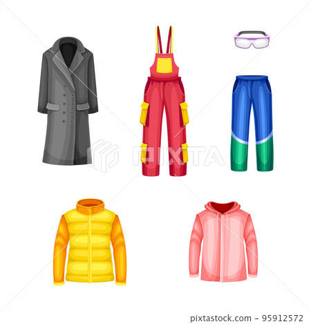 Winter Clothes with Coat, Jumpsuit, Pants and Puffer Jacket as Warm Outerwear and Protection Against Cold Weather Vector Set Winter Clothes with Coat, Jumpsuit, Pants and Puffer Jacket as Warm Outerwear and Protection Against Cold Weather Vector Set 95912572