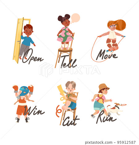 Little Boy and Girl Expressing Different Action Verb for Kids Education Vector Set 95912587