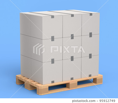 Set of wooden pallet for warehouse cargo storage with cardboard boxes on blue 95912749