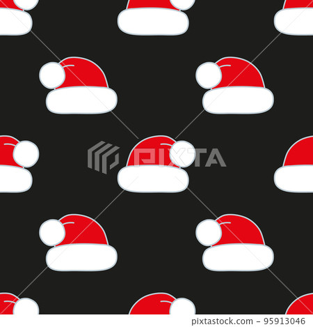 Seamless vector pattern. Red Christmas hats on black. Christmas background for festive designs, textile print, wrapping, paper decorations, decors, banners, cards, and invitations. 95913046