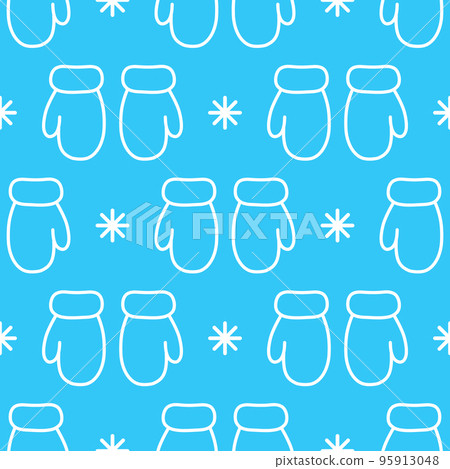 Cute mittens and snowflakes. White outlines on blue background. Seamless vector pattern. Christmas background for festive designs, textile print, wrapping, decorations, banners, cards, invitations. 95913048