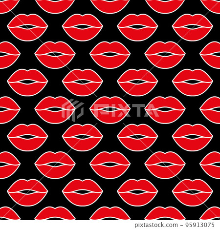 Colorful female lips. Seamless vector pattern. Red lips with a white outline on a black background. Fashion pop art background. For modern original designs, prints, textiles, fabrics, wallpapers. 95913075