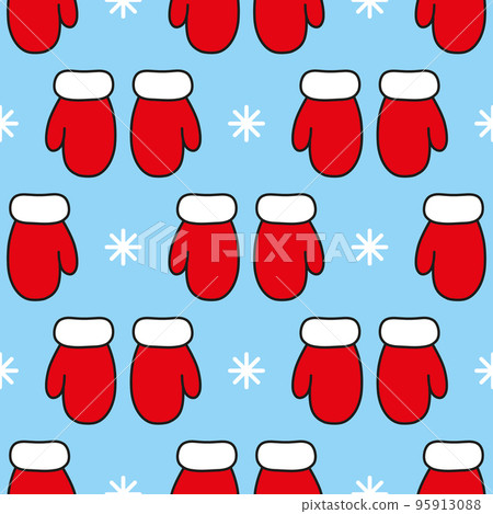 Red mittens and white snowflakes on blue background. Seamless vector pattern. Christmas background for festive designs, textile prints, wrappings, decorations, banners, cards, and invitations. Red mittens and white snowflakes on blue background. Seamless vector pattern. Christmas background for festive designs, textile prints, wrappings, decorations, banners, cards, and invitations. 95913088
