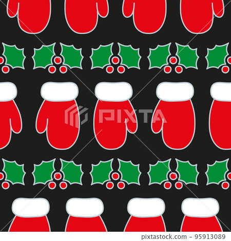 Cute red mitten and holly on black background. Seamless vector pattern. Christmas background for festive designs, textile print, wrapping, paper decorations, decors, banners, cards, and invitations. Cute red mitten and holly on black background. Seamless vector pattern. Christmas background for festive designs, textile print, wrapping, paper decorations, decors, banners, cards, and invitations. 95913089