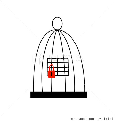 Bird cage with lock. Closed birdcage of lines. Bird house. Doodle cartoon Bird cage with lock. Closed birdcage of lines. Bird house. Doodle cartoon 95913121