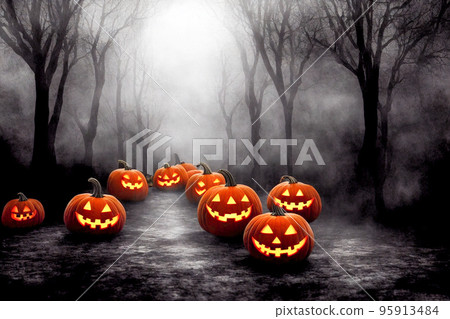 Jack O Lanterns - Halloween Background. Banner size. website header. 3d illustration Jack O Lanterns - Halloween Background. Banner size. website header. 3d illustration 95913484