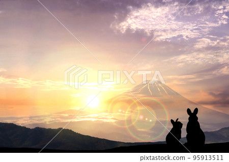 New Year's card-rabbit parent and child silhouette, Mt. Fuji and the first sunrise 95913511