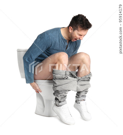 Man suffering from diarrhea on toilet bowl, white background 95914179