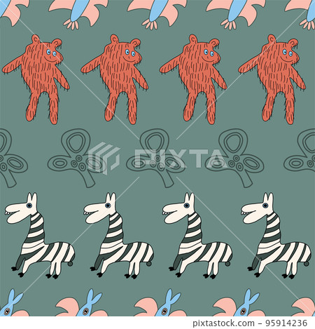 Childish style striped animal seamless pattern on green background. 95914236