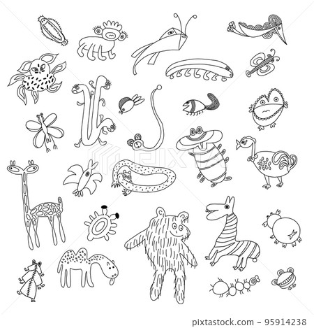 Set of unique fantastic strange animals. Doodle style characters. Set of unique fantastic strange animals. Doodle style characters. 95914238
