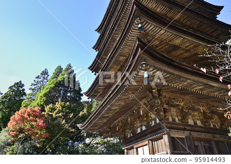 Five-storied pagoda of National Treasure Ruriko-ji Temple surrounded by autumn leaves 95914493