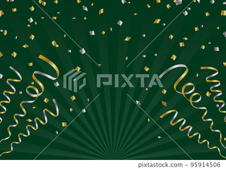 Green background material with confetti and ribbons flying green gold and silver 95914506