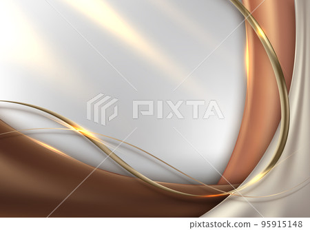 Elegant 3D template golden wave shapes and ribbon lines elements on gold fabric background realistic luxury paper cut style 95915148