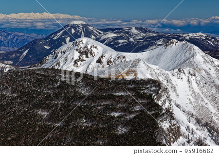 Mt. Tengu, Mt. Tateshina and Shirouma mountain range seen from Mt. Io and Yatsugatake mountains in winter 95916682