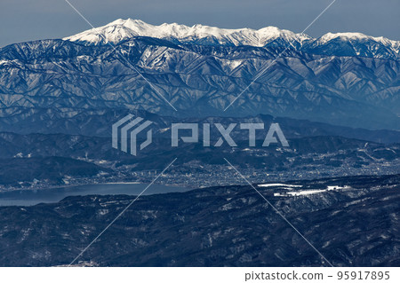 Mt. Norikura and Lake Suwa viewed from Mt. Nishitengu, Yatsugatake mountain range in winter 95917895