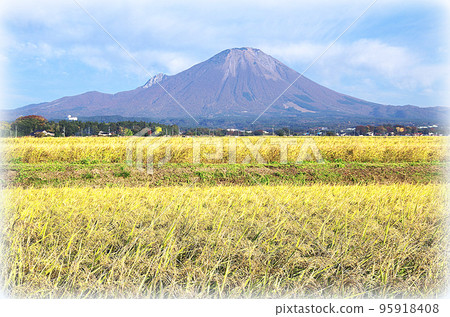 豐收時節的金色稻穗和大仙風景（插畫風格） 95918408