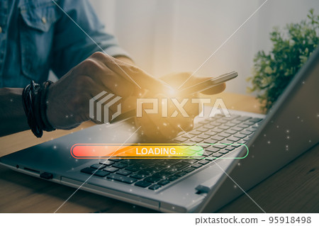 Casual Businessman Touching Mobile Phone and Orange Green Loading Bar in Vintage Tone Casual Businessman Touching Mobile Phone and Orange Green Loading Bar in Vintage Tone 95918498