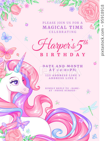 Birthday party invitation template with unicorn, flowers and butterflies. Vector illustration on pink background. Birthday party invitation template with unicorn, flowers and butterflies. Vector illustration on pink background. 95918918