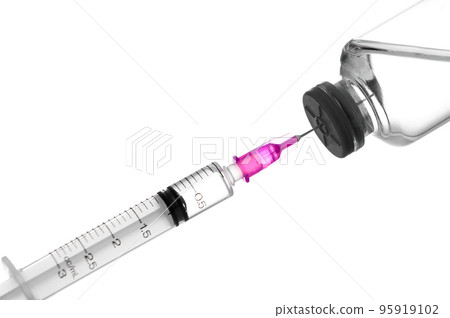 Syringe with needle sucks liquid vaccines from medicine vials in the laboratory- Health Beauty and medical concepts- Isolated on white background 95919102