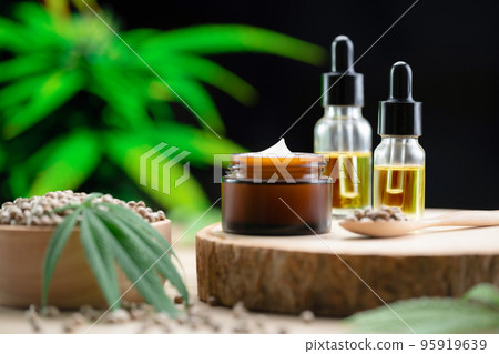 Legalized cannabis for skincare product features with set of CBD oil bottles. 95919639