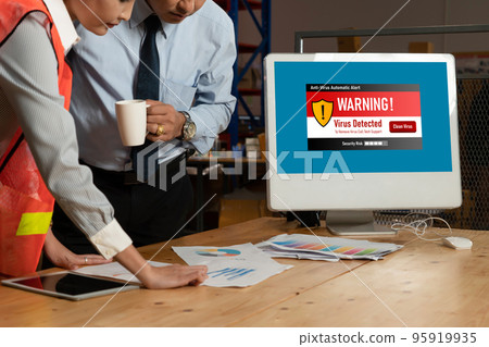 Virus warning alert on computer screen detected modish cyber threat 95919935