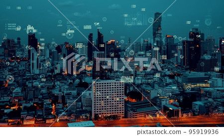 Business data analytic interface fly over smart city showing alteration future 95919936
