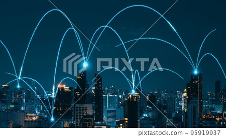 Smart digital city with connection network reciprocity over the cityscape 95919937