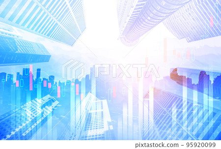 Financial graphs and modernistic cityscape as background for business concept. 95920099