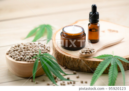 Legalized cannabis for skincare product features with set of CBD oil bottles. 95920123