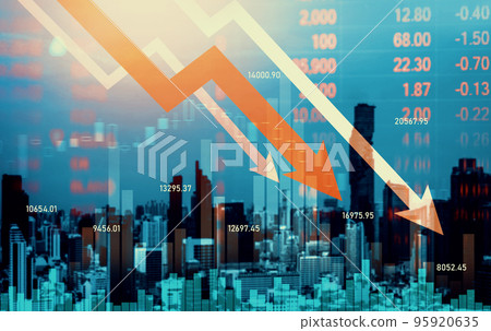 Declining graphs and digital indicators overlap modernistic city background. 95920635