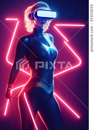 Spectacular digital art 3D illustration cybergirl in bodysuit and VR headset. Spectacular digital art 3D illustration cybergirl in bodysuit and VR headset. 95920656