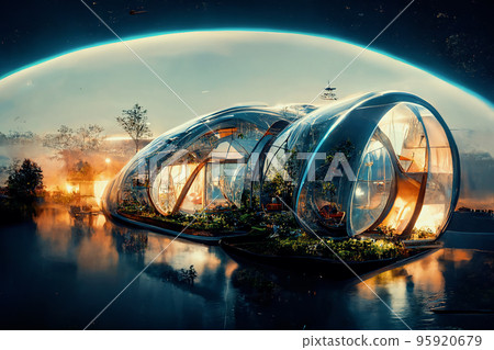 Spectacular space colony glass dome house. Digital art 3D illustration Spectacular space colony glass dome house. Digital art 3D illustration 95920679