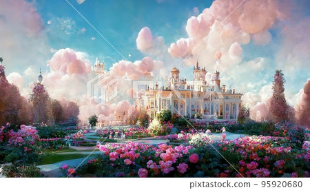 Spectacular fantasy palace with garden of flower. Digital art 3D illustration. Spectacular fantasy palace with garden of flower. Digital art 3D illustration. 95920680