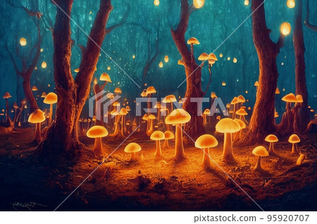 Spectacular forest with big tree and glow mushroom digital art 3D illustration. 95920707