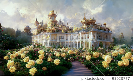 Spectacular fantasy palace with garden of flower. Digital art 3D illustration. 95920777