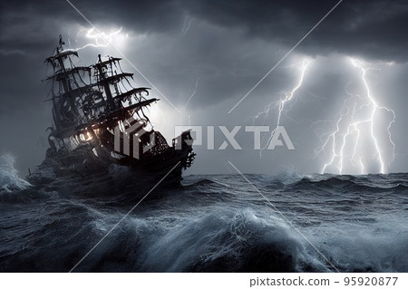 Spectacular digital art 3D illustration of ship rushing through dangerous storm. Spectacular digital art 3D illustration of ship rushing through dangerous storm. 95920877