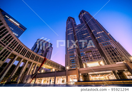 Tokyo cityscape of Japan Overlooking the Tokyo Metropolitan Government Building in the setting sun 95921294