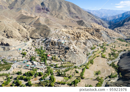aerial view of Lamayuru village and Lamayuru Monastery or Gompa is a tibetan style buddhist monastery in Ladakh, north India aerial view of Lamayuru village and Lamayuru Monastery or Gompa is a tibetan style buddhist monastery in Ladakh, north India 95921976