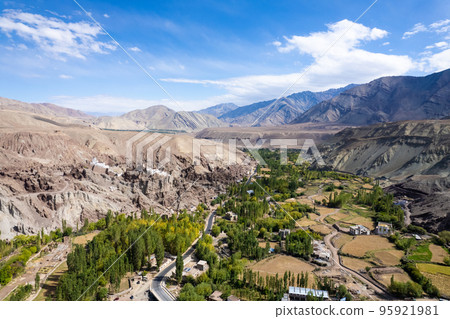 aerial view of Lamayuru village and Lamayuru Monastery or Gompa is a tibetan style buddhist monastery in Ladakh, north India aerial view of Lamayuru village and Lamayuru Monastery or Gompa is a tibetan style buddhist monastery in Ladakh, north India 95921981