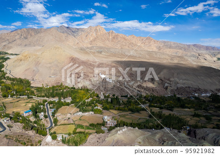 aerial view of Lamayuru village and Lamayuru Monastery or Gompa is a tibetan style buddhist monastery in Ladakh, north India 95921982