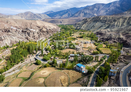 aerial view of Lamayuru village and Lamayuru Monastery or Gompa is a tibetan style buddhist monastery in Ladakh, north India aerial view of Lamayuru village and Lamayuru Monastery or Gompa is a tibetan style buddhist monastery in Ladakh, north India 95921987