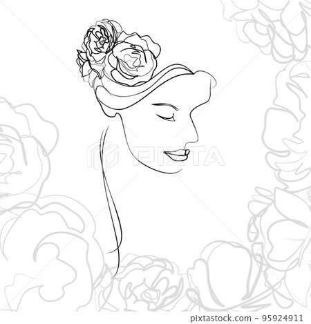 One line hand drawn vector art with beautiful woman face and flowers in elegant curve. Black isolated on white background. Modern simplistic design for fashion, wall art, print, tattoo, cover, card. 95924911