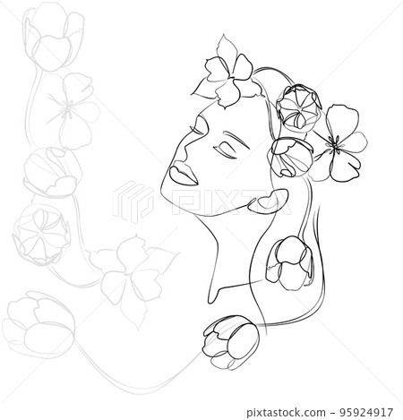 One line hand drawn vector art with beautiful woman face and flowers in elegant curve. Black isolated on white background. Modern simplistic design for fashion, wall art, print, tattoo, cover, card. 95924917