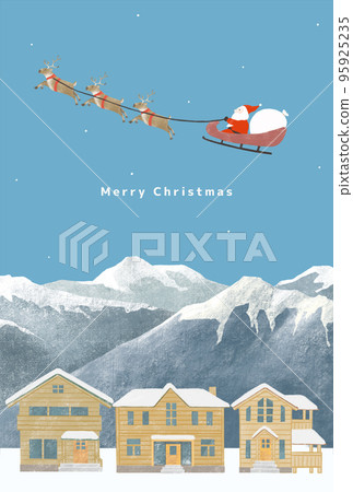 A snowy winter Christmas illustration with a snow-covered mountain, a house, Santa Claus, and a reindeer delivering presents A snowy winter Christmas illustration with a snow-covered mountain, a house, Santa Claus, and a reindeer delivering presents 95925235